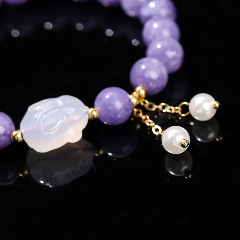 Purple aquamarine agate rabbit bracelet with 6mm, 8mm, 12x16mm geometric round beads