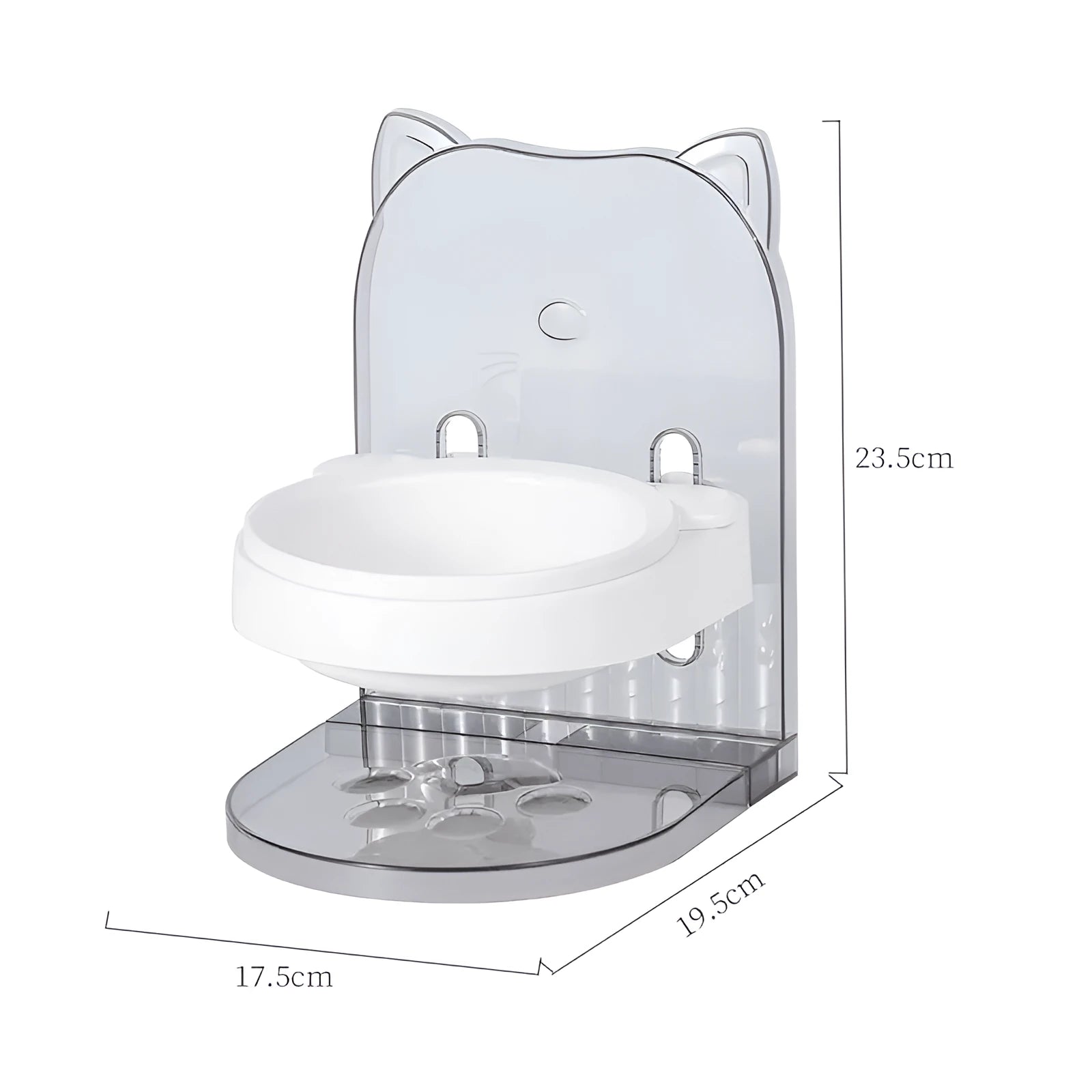 Grey cat bowl with cat ear design and anti-spill edges on adjustable hanging cage