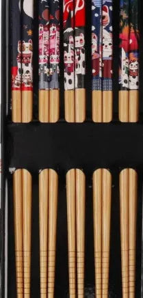 Set of five pairs of bamboo chopsticks with Japanese Lucky Cat and blue wave patterns in a gift box.