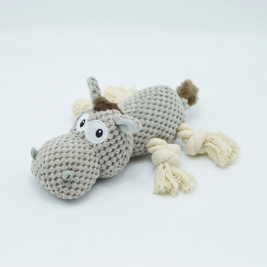 Grey donkey-shaped plush dog toy with cloth velvet material showing dimensions of approximately 27cm