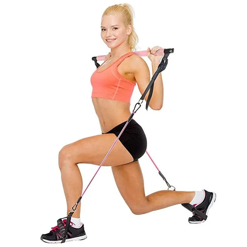 Women's rope stretch fitness stick 11-piece set showing pink, purple, and black resistance sticks with adjustable Bodhi pole design