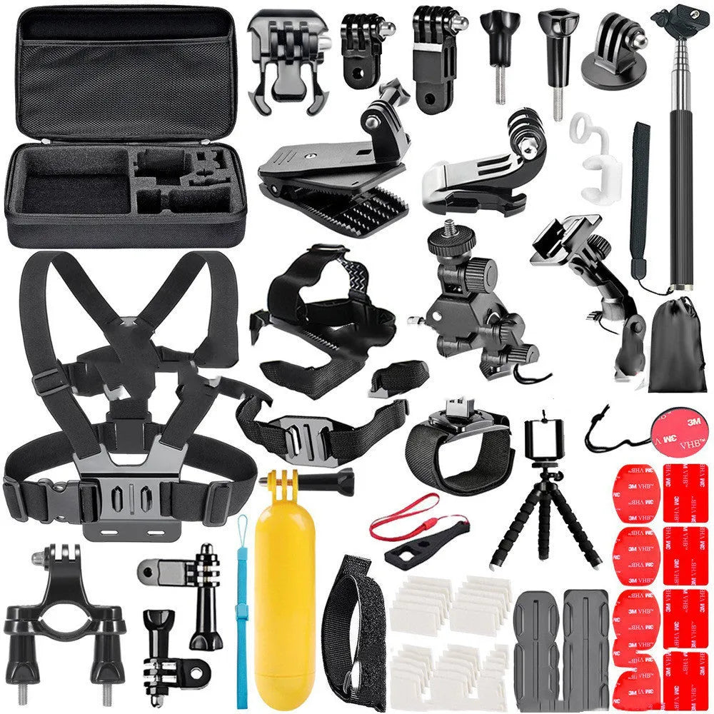 Black GoPro accessories set showing chest strap, helmet mount, and tripod stand for Hero 4, 3, 2 cameras.