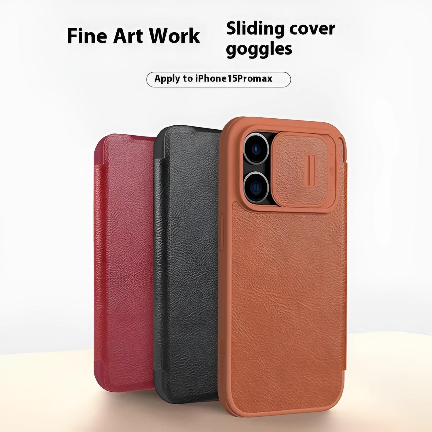 Imitation leather flip phone case for iPhone 14 Pro Max and iPhone 15 models in black, brown or red