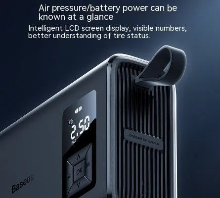 Black portable wireless car tyre electric inflator pump with LED light and digital display.