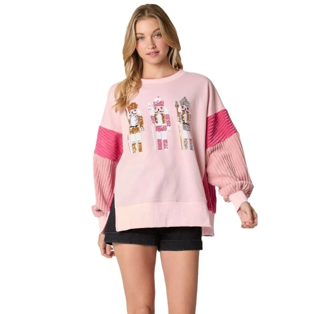 Women's Christmas soldier sequins hoodie pullover in sky blue with loose fit and long sleeves