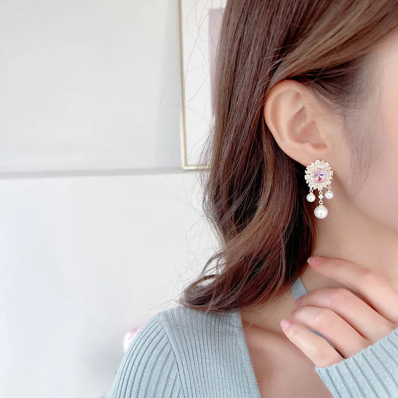 Oval geometric copper earrings with zircon inlay and pearl tassel in pink, blue, purple and white colours
