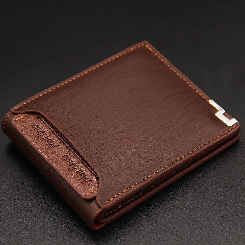 Men's black iron-edge short wallet showing card slots and coin compartment