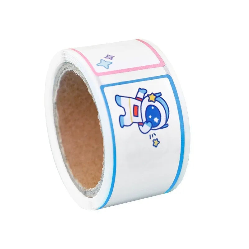Roll of 60 colourful cartoon name stickers featuring dinosaur, astronaut, rabbit, and girl character designs