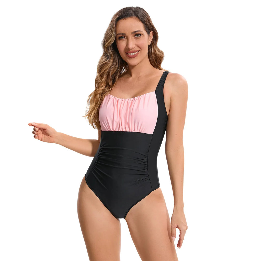 Women's one-piece multicolor printed polyester swimsuit with leopard print pattern, sizes S to XXL