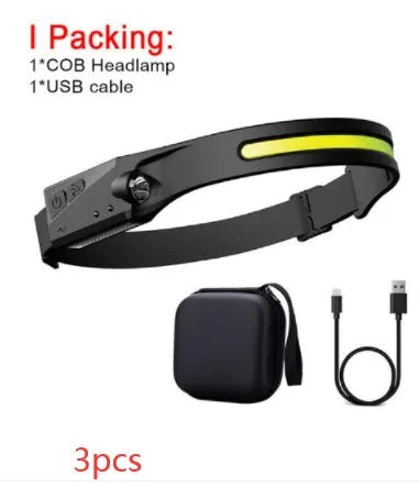 Black silicone USB rechargeable headlamp with side wave sensor and dual LED lights for wide and long-distance illumination.