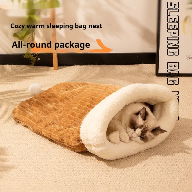 Pink trojan and blue rabbit print flannel cat sleeping bag nest, 50cm by 40cm.