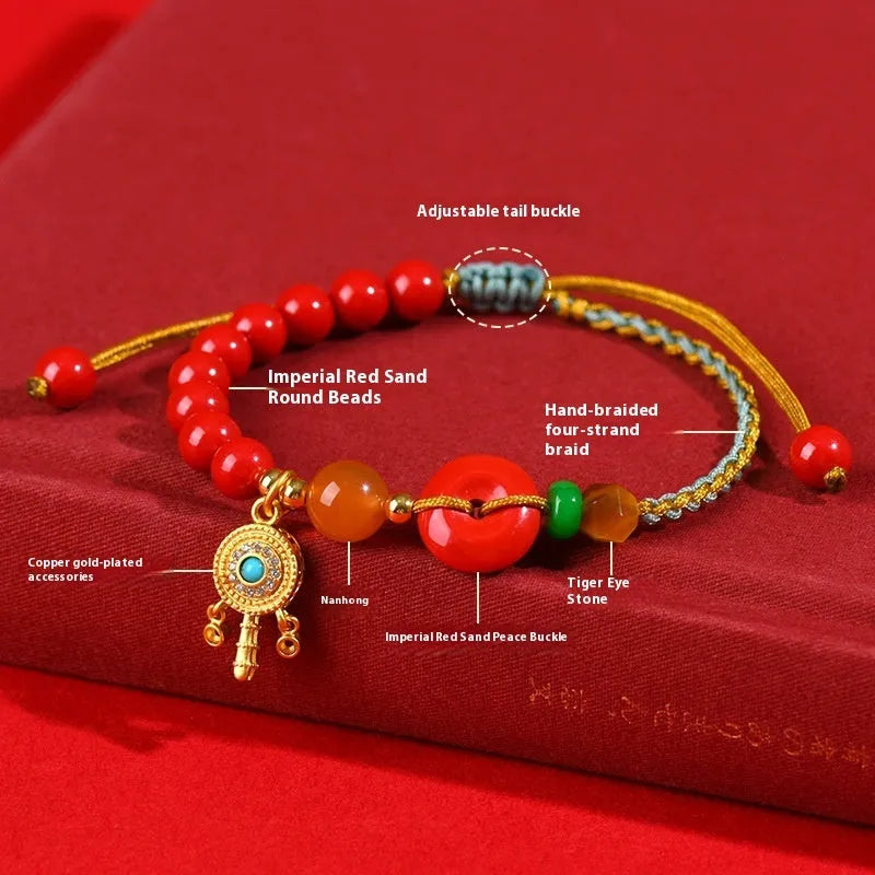 Emperor red sand cinnabar bracelet with hand-woven geometric patterns and peace buckle closure