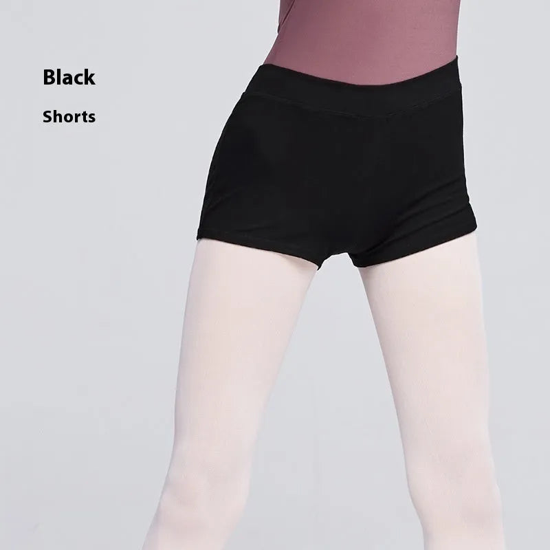 Black women's cotton dance practice shorts laid flat, showing solid colour and simple design.