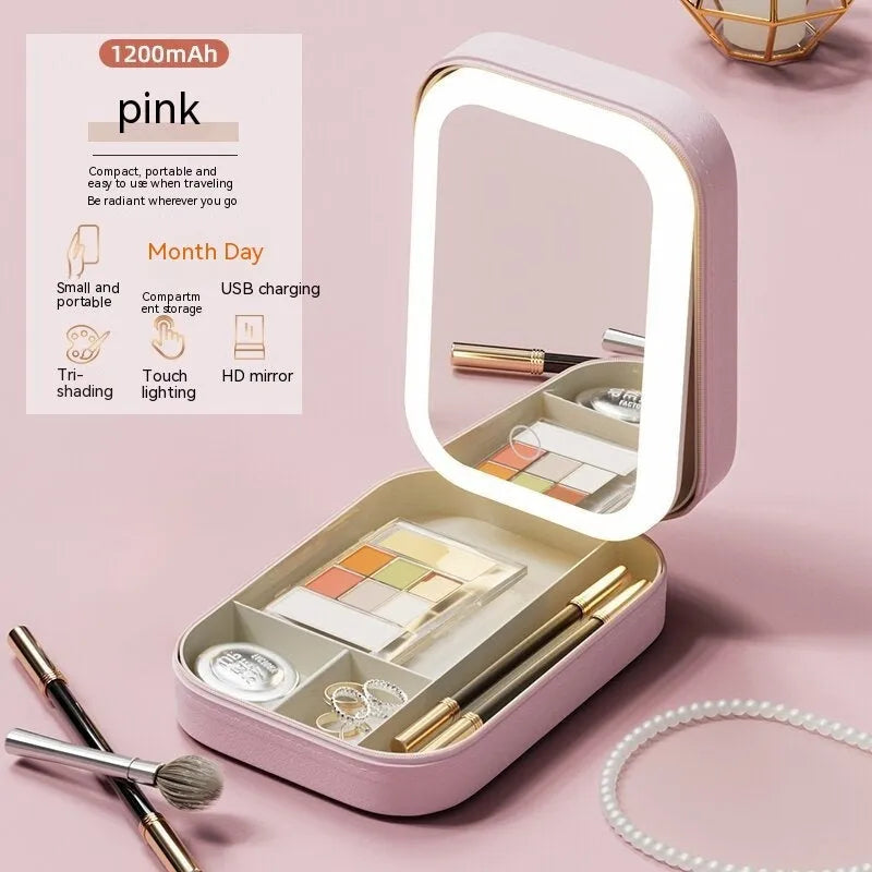Portable makeup storage box with LED light mirror and cosmetic storage compartment in cherry blossom pink