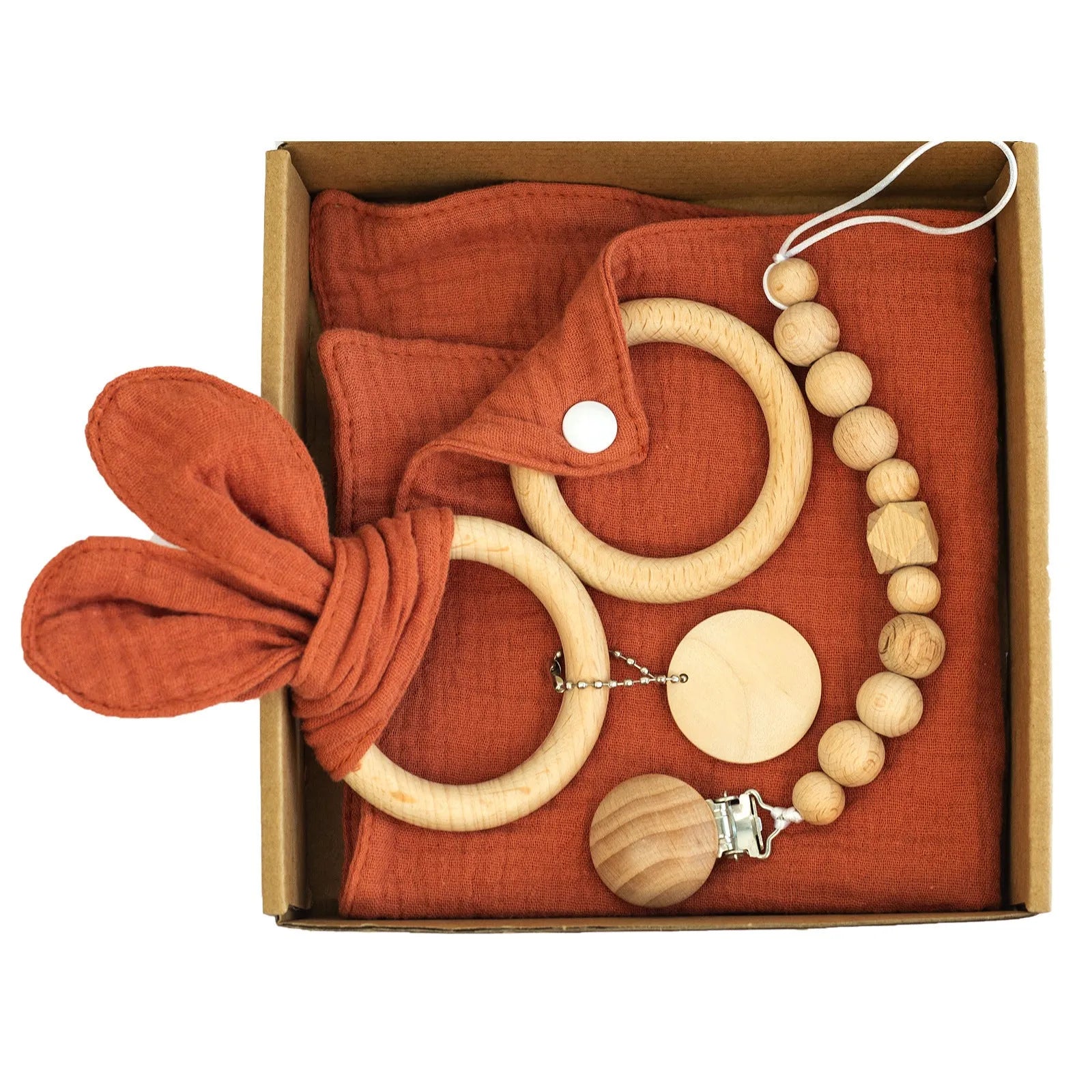 Baby teething gift set with wooden toys and large bamboo-cotton gauze blanket in assorted colours