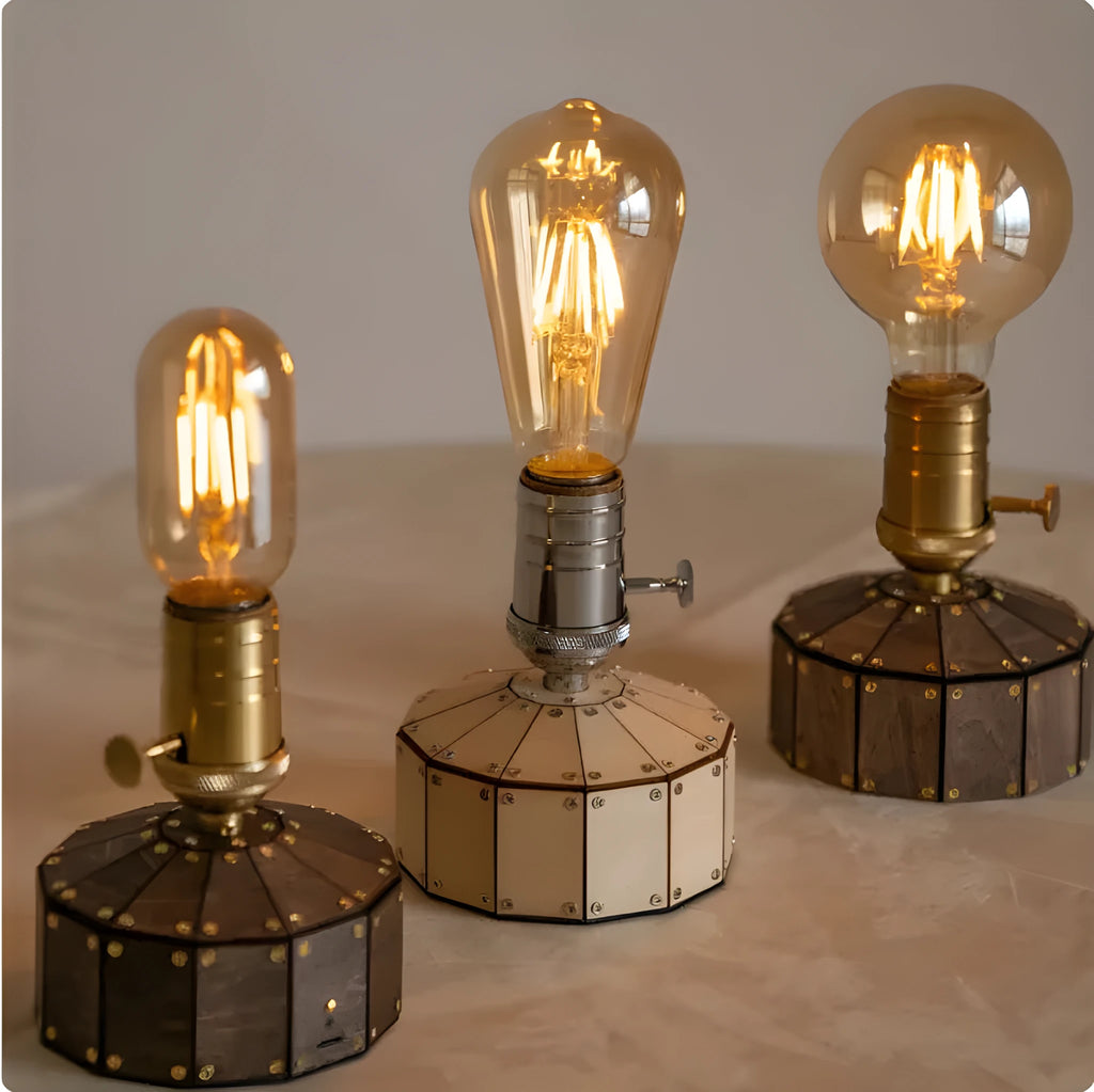 Retro USB rechargeable desk lamp with glass shade, shown with wooden base and a choice of ST64, G80, T45, T125, or Long Lu LED bulbs.