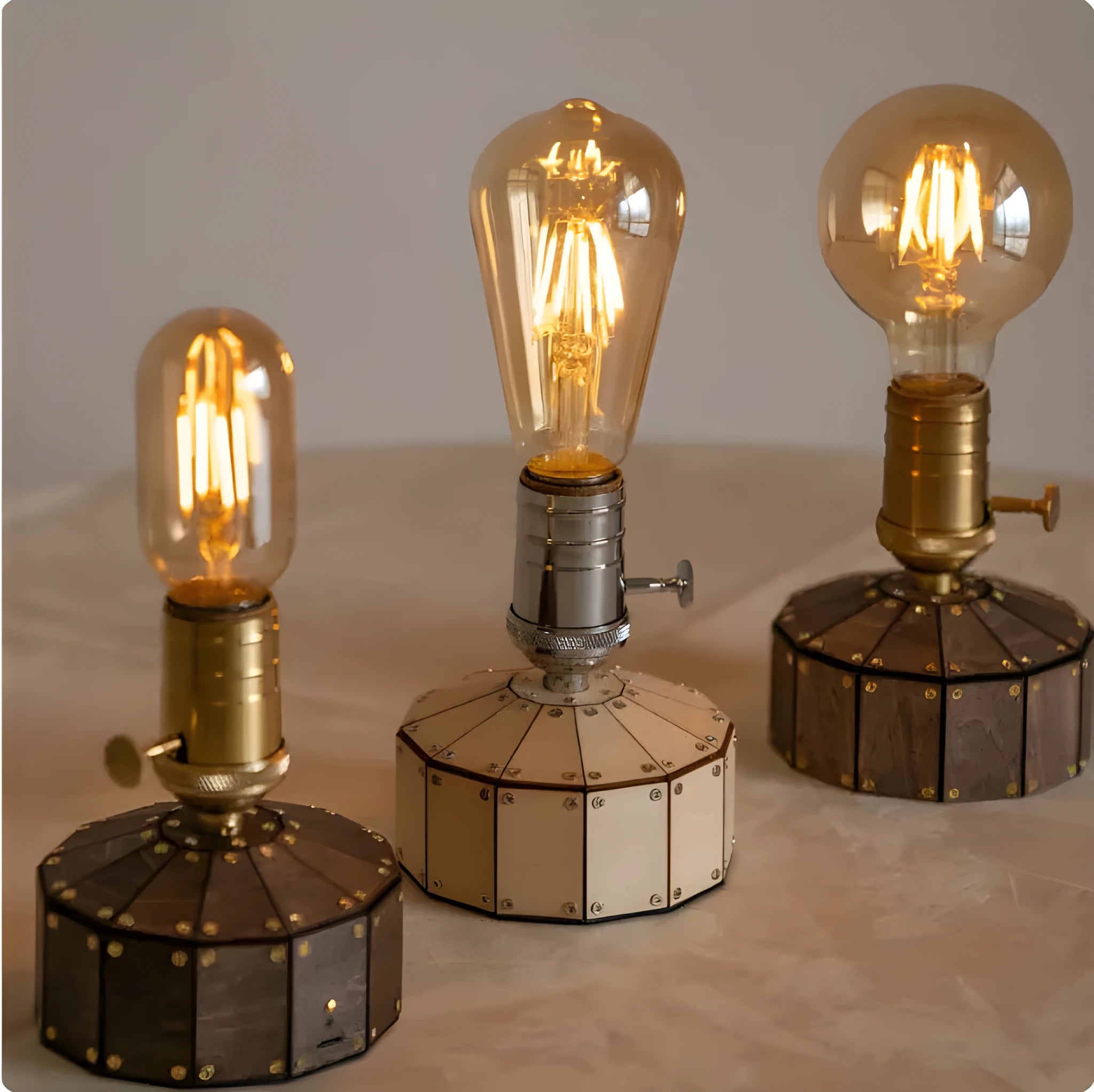 Retro USB rechargeable desk lamp with glass shade, shown with wooden base and a choice of ST64, G80, T45, T125, or Long Lu LED bulbs.