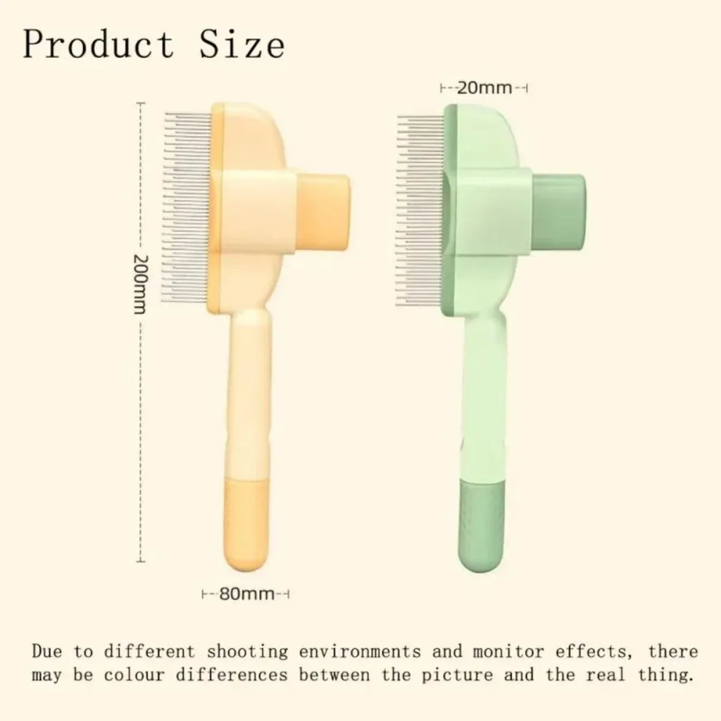 Green and yellow dog grooming brush with one-click hair removal mechanism and pressure adjustment