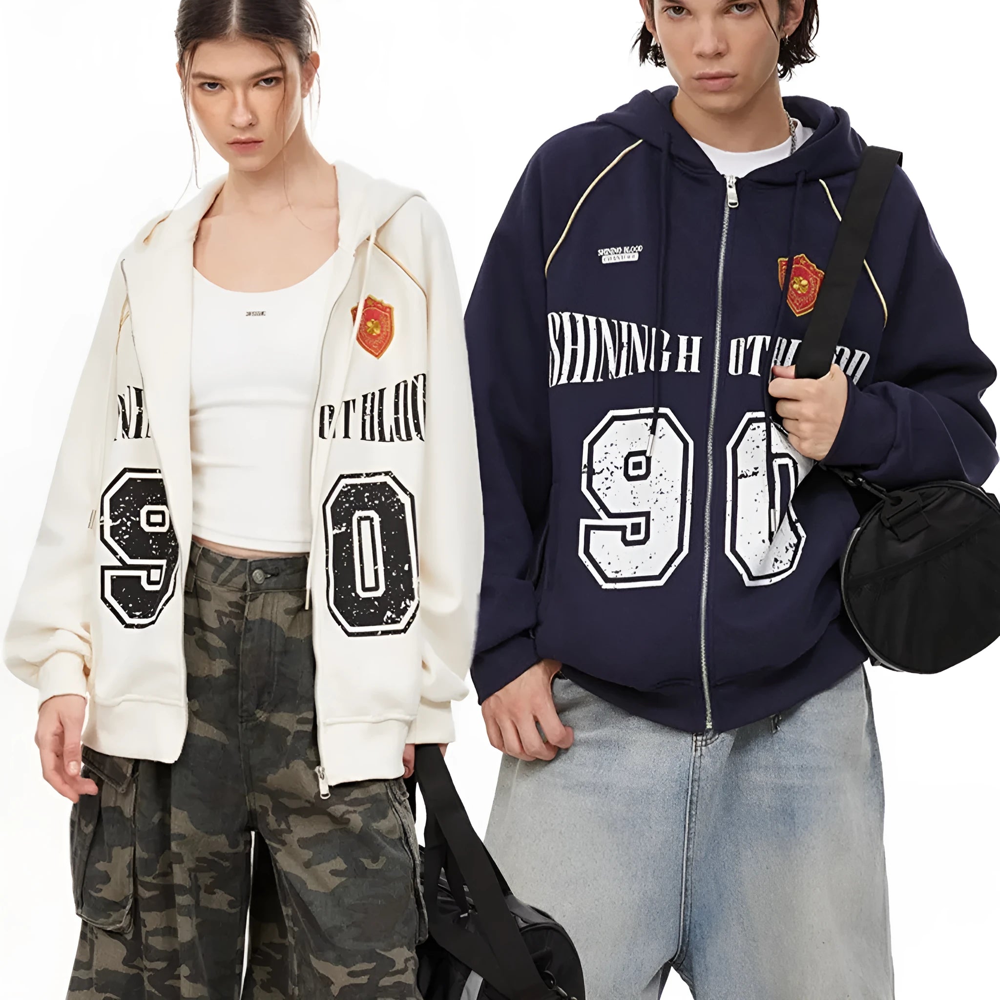 Women's American retro style cotton blend hooded casual jacket with letter embroidery in loose fit