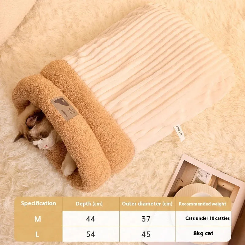 Brown grey white pet sleeping bag semi enclosed design for indoor cat dog use