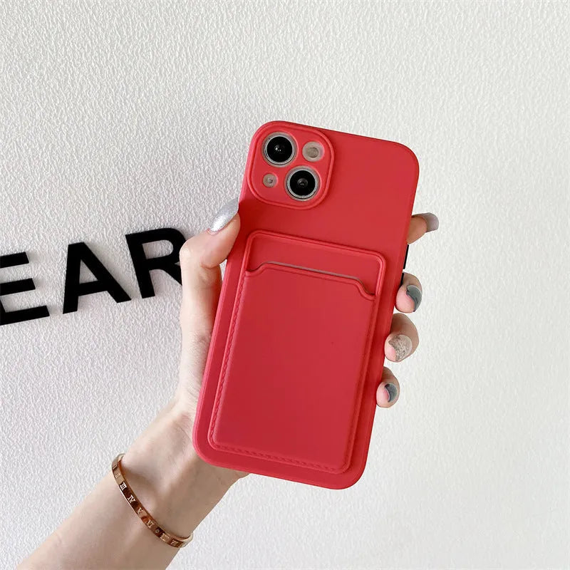 Sky blue colour-blocking silicone iPhone case with a visible card slot on the back