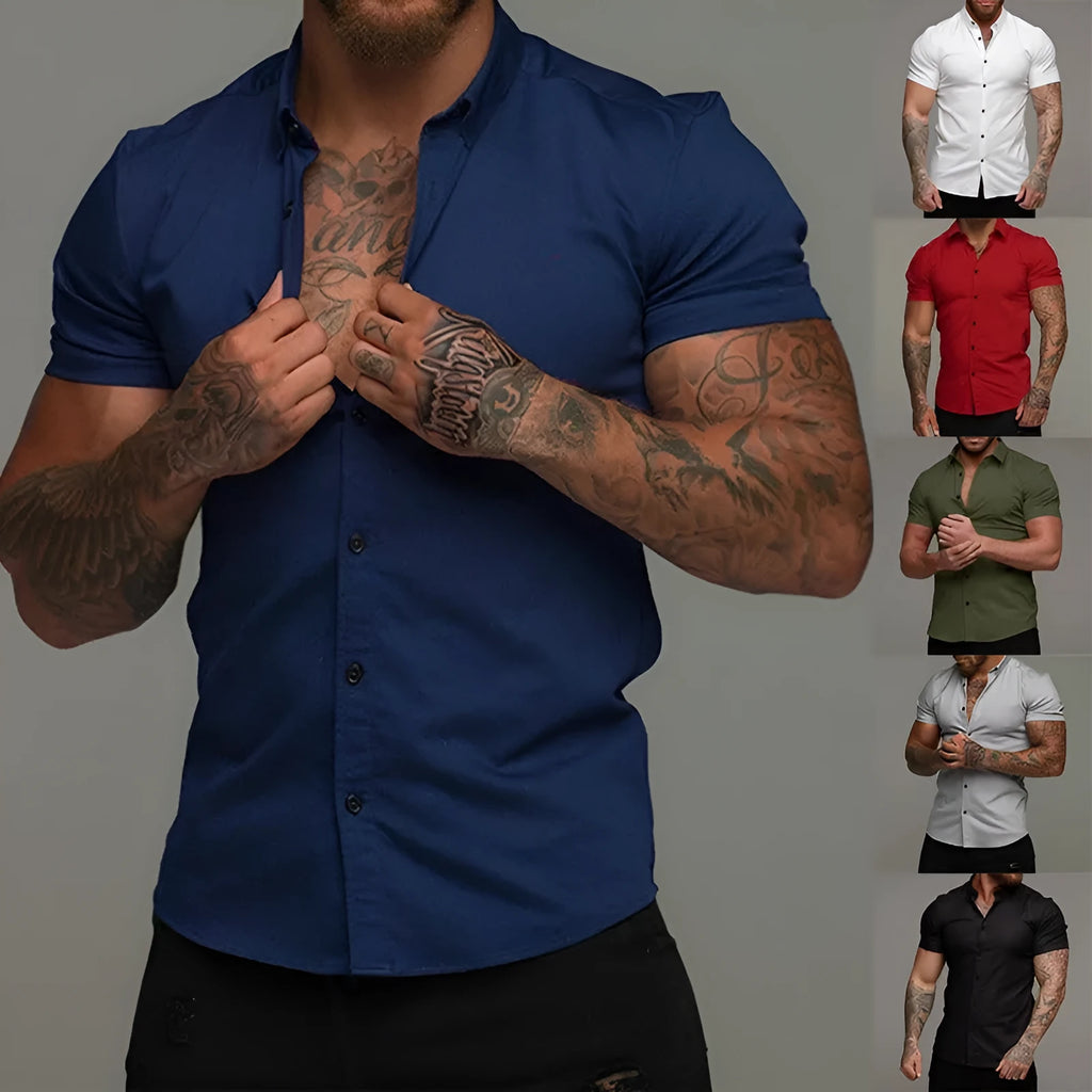 Men's short sleeve lapel shirt in loose cardigan style, solid colour, polyester, sizes M to XXXL.