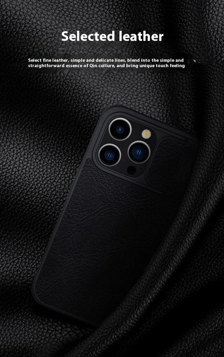 Imitation leather flip phone case for iPhone 14 Pro Max and iPhone 15 models in black, brown or red