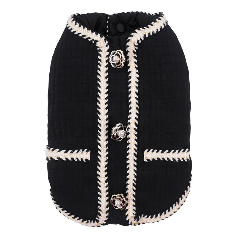 Quilted polyester pet coat with cartoon pattern in black, white or light purple colours for autumn and winter