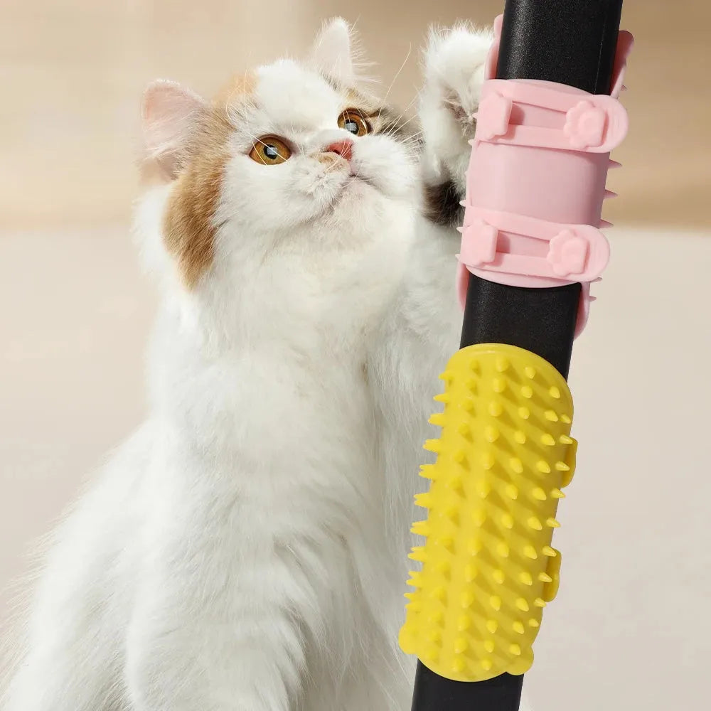 Adjustable silicone cat scratching comb mounted on a table leg in green colour.