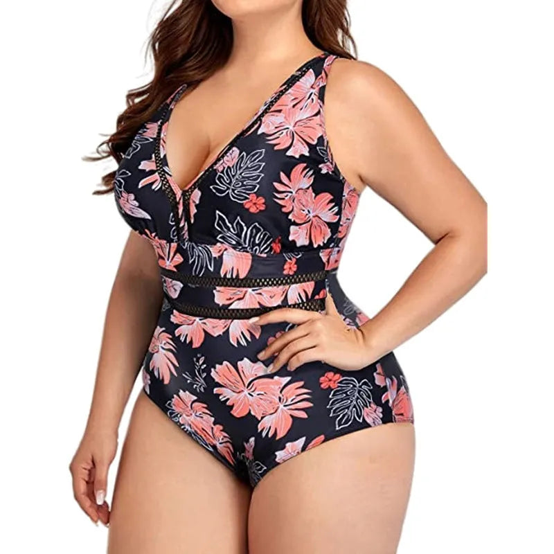Women's plus size black polyester bikini swimwear with mesh stitching and printing design