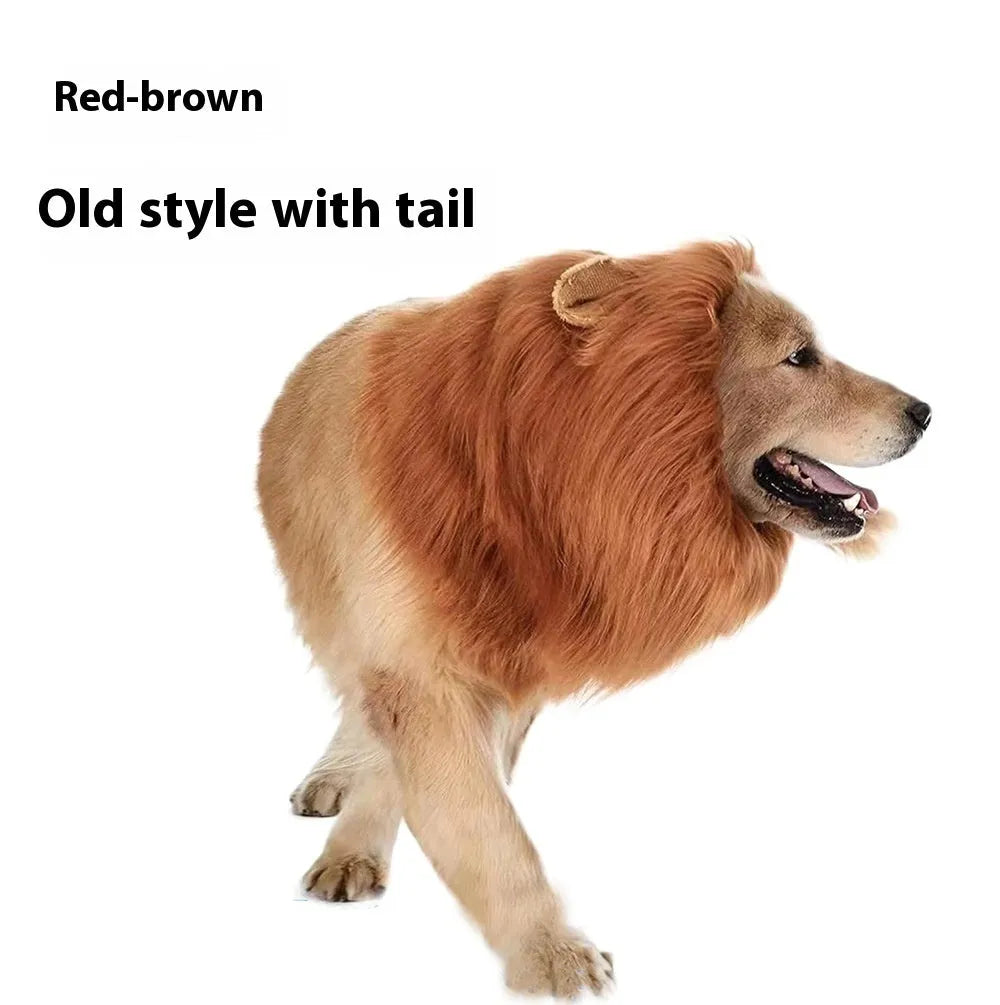 Dog wearing lion head costume wig in light brown colour with elastic neckband