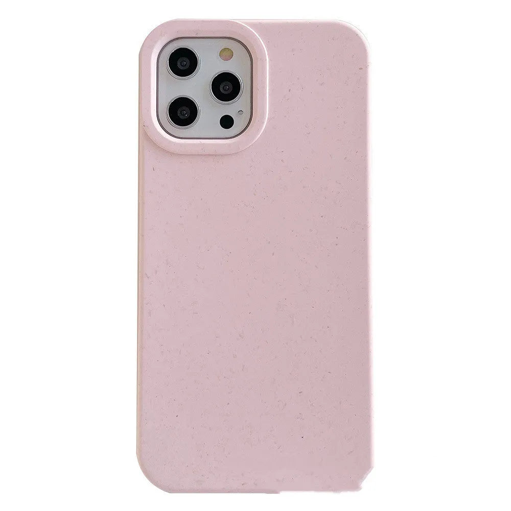 Wheat straw fibre degradable rear cover case for Apple iPhone on a table.