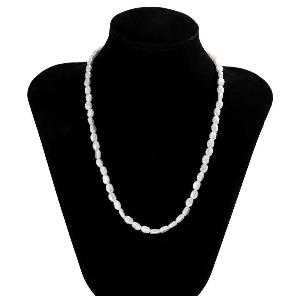 Men's white U-shaped Mother Pearl necklace on imitation pearl chain, adjustable 41-50cm length.