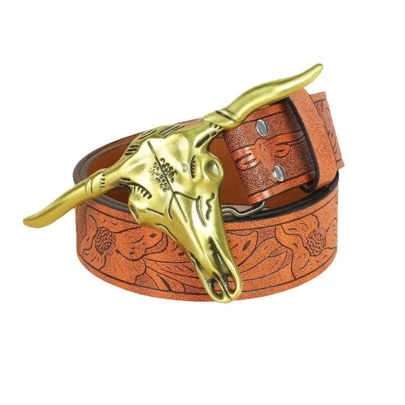 Men's brown imitation leather belt with decorative alloy cow head buckle and pin buckle fastening