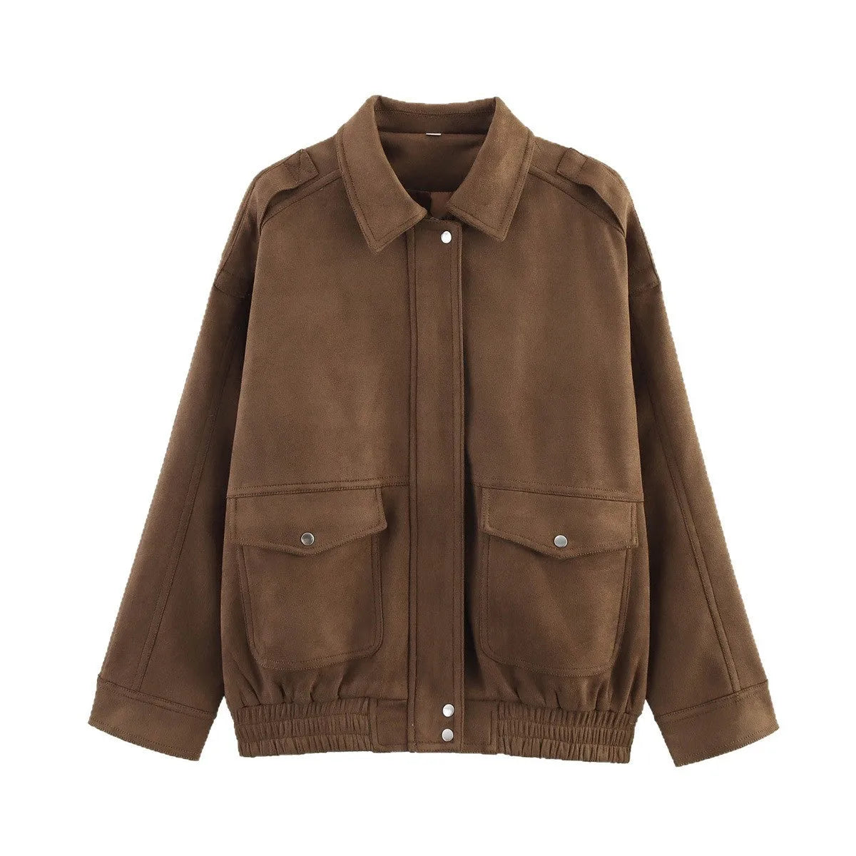 Suede jacket with pocket decoration in brown, loose long sleeve style