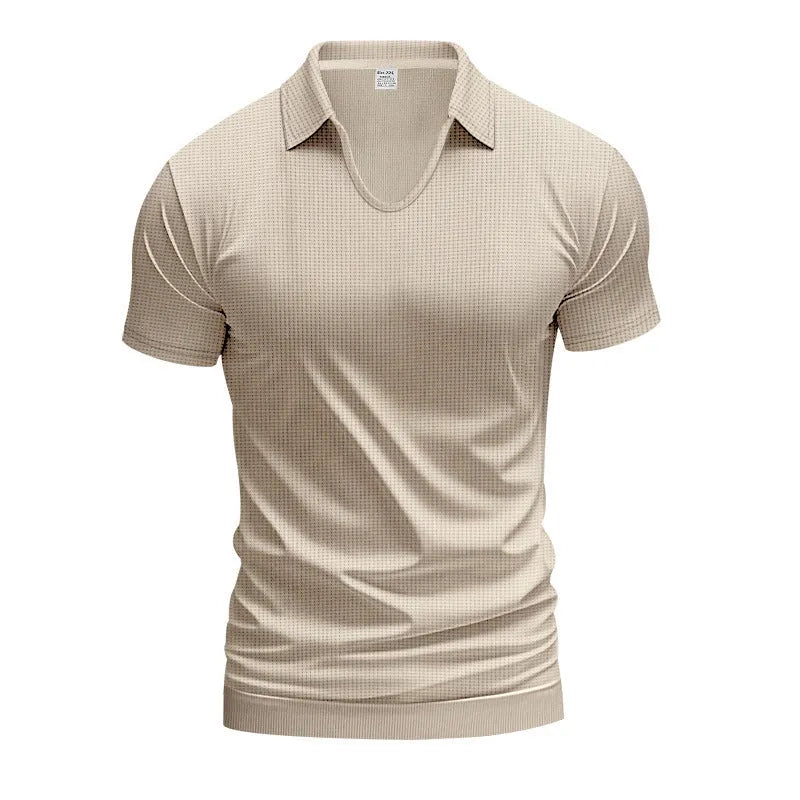 Men's loose fit V-neck short sleeve T-shirt in cotton blend fabric shown in solid colour options