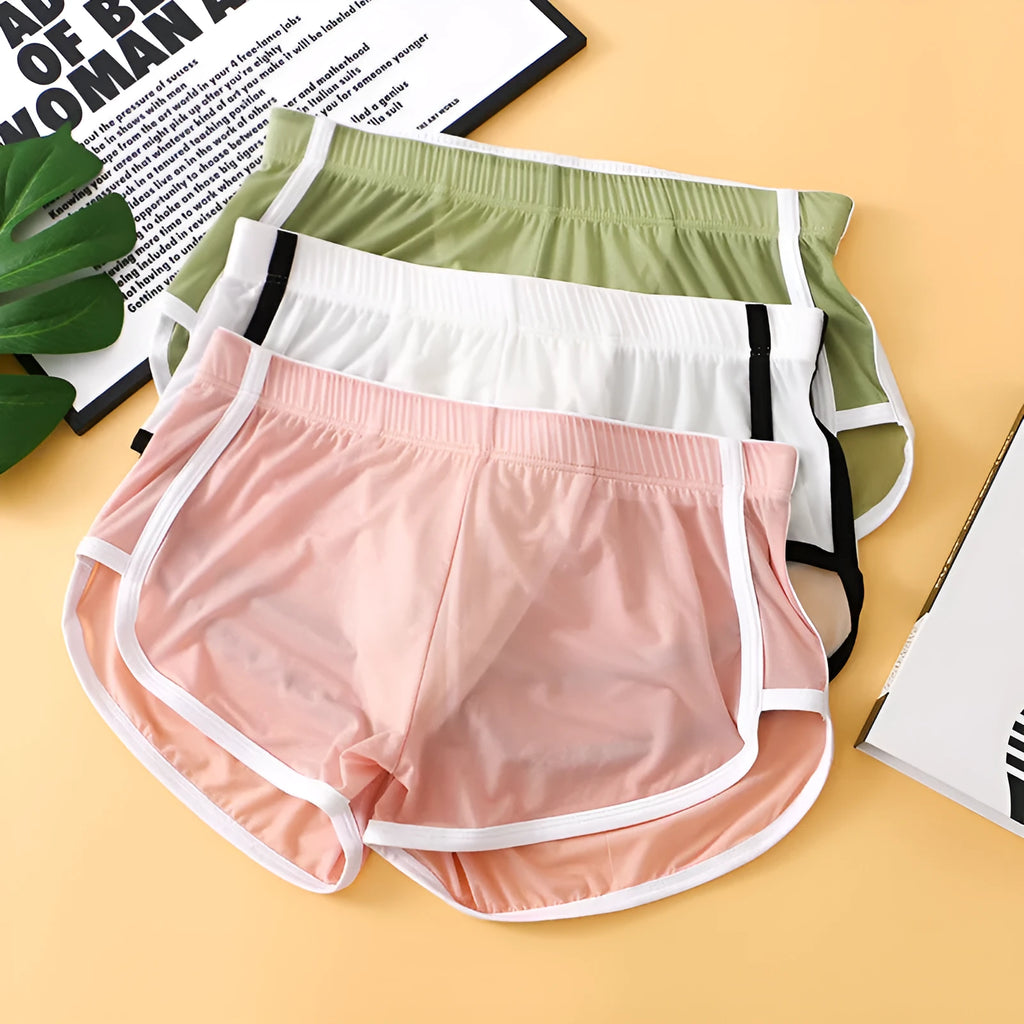 Men's ice silk nylon mesh boxer shorts in low-waist sports design, shown in multiple colours.