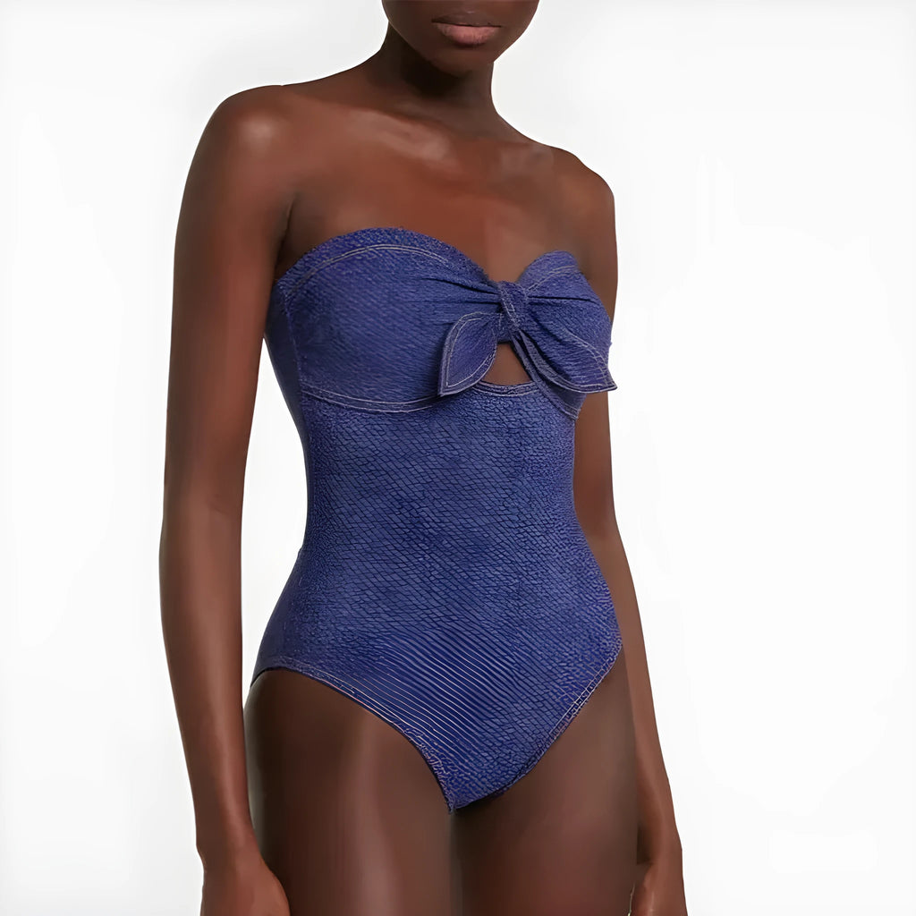 Women's vintage denim colour one-piece swimsuit with matching skirt