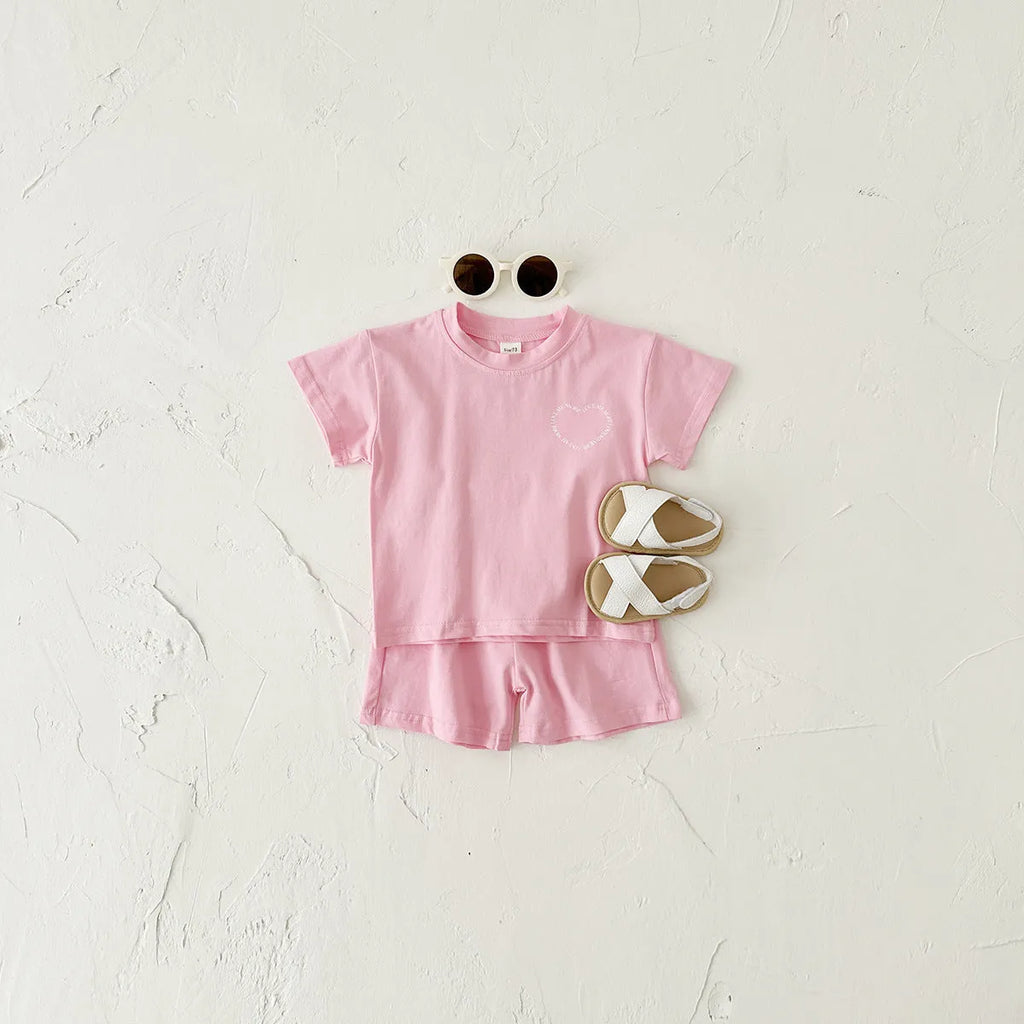 Korean style baby cotton two-piece suit set with heart printing and plaid pattern, shown in grey.