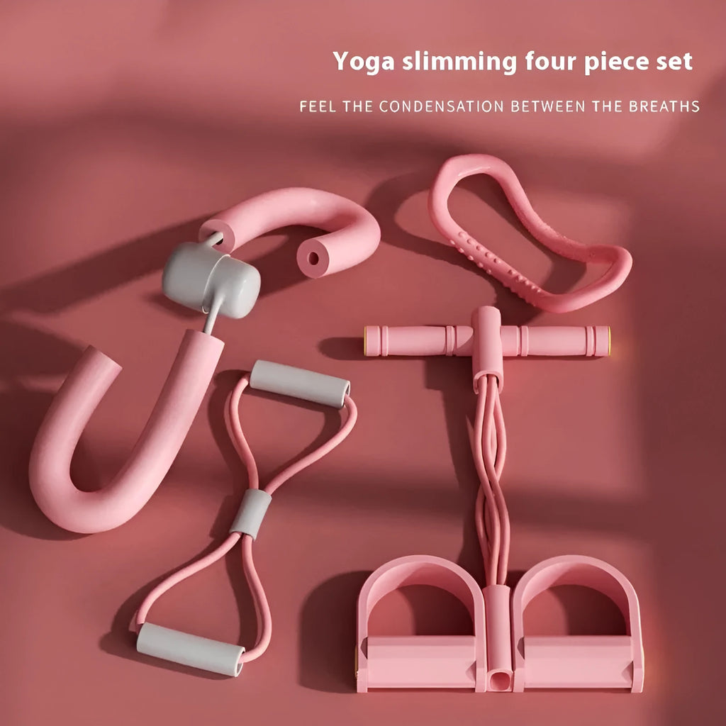 Yoga four piece fitness set showing leg stretcher, pedal resistance band, yoga ring, and figure-eight tension rope.