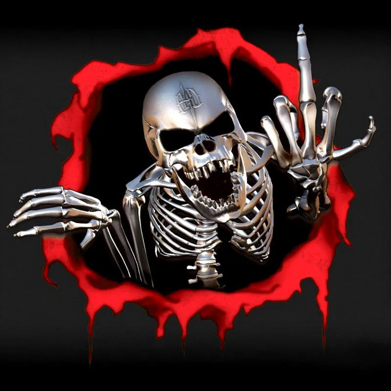 Colourful broken shell peeping metal skull design car bumper sticker measuring 15x14cm