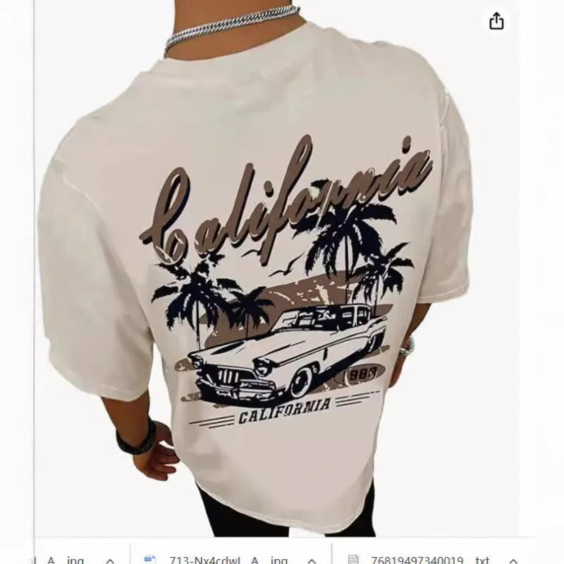 Men's printed short-sleeve sports t-shirt in polyester, showing digital pattern design, available in multiple sizes.