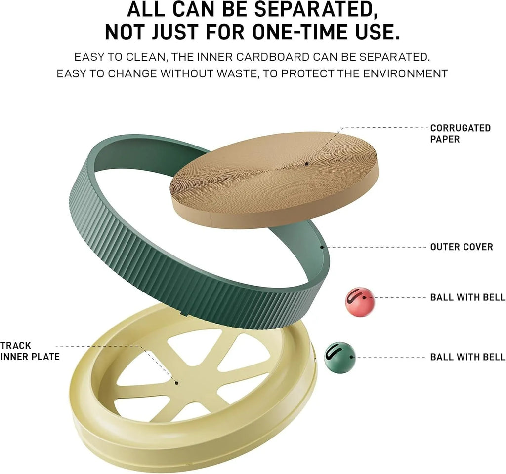 Large circular cat scratching board with moving ball toys and replaceable cardboard core