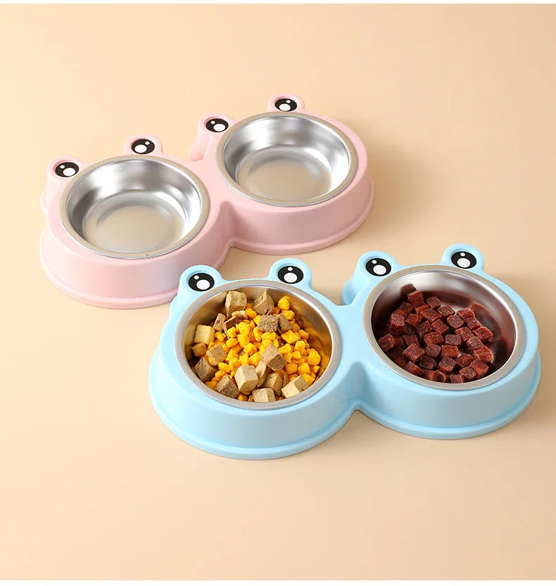 Stainless steel pet double bowl with frog design for separate food and water feeding