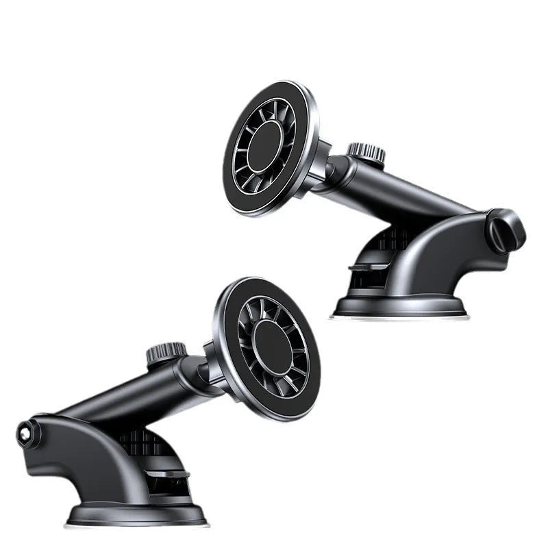 Magnetic car phone holder with suction cup mounted on dashboard air vent showing a smartphone attached