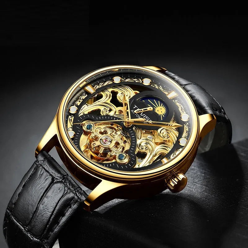 Gold and white leather strap men's automatic waterproof mechanical watch on wrist
