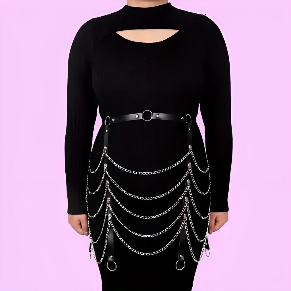 Black PU leather waist chain with bandage binding design for women