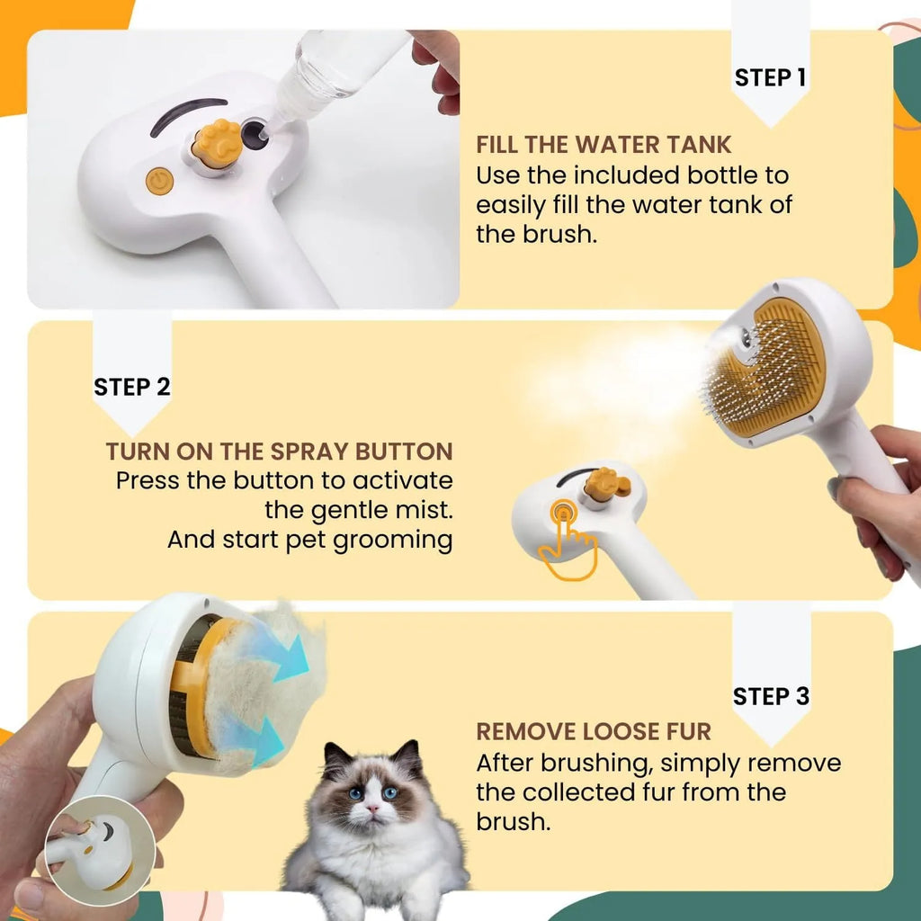 White pet grooming brush with water tank and steel teeth for dogs and cats