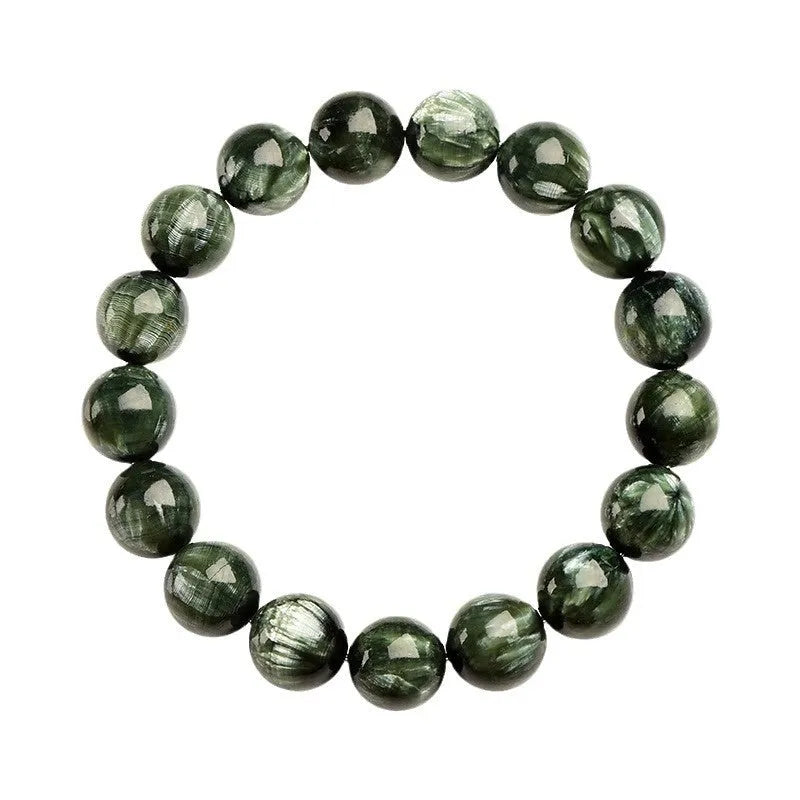 Unisex green dragon crystal bracelet with 8-9mm round beads and a Ruyi charm.