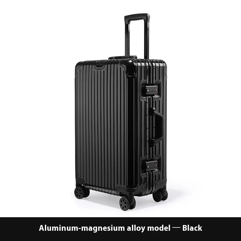 Alloy trolley case luggage with metal frame, universal wheels, solid colour, available in multiple sizes